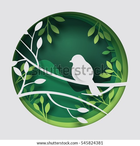 Paper art carve to bird on tree branch in forest at night, origami concept nature and animals idea, vector art and illustration.