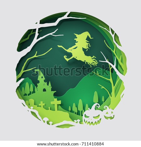 Paper art of witch flying above an old castle, Halloween and holiday celebration, vector art and illustration.