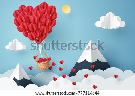 Paper art of heart balloon flying and scattering little heart in the sky, origami and valentine's day concept, vector art and illustration.