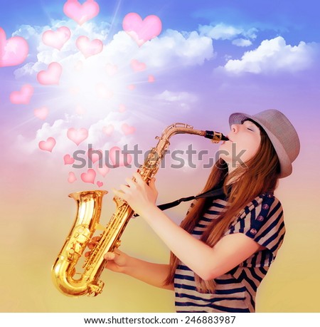 girl playing the saxophone and the flow of hearts