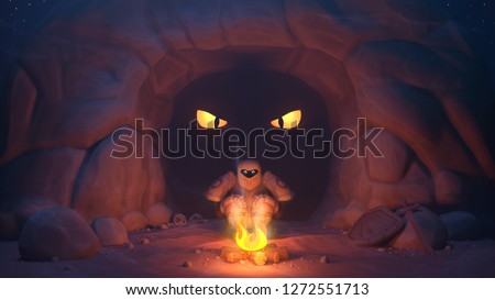The knight is heated by the fire, behind him in the dark cave the big yellow eyes of a dragon. Frightened knight with wide eyes, shield and sword are far away from him on the stone. 3D rendering.