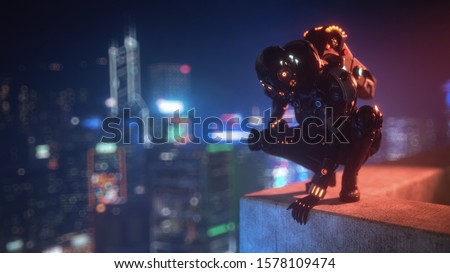 3d illustration cyborg female sitting on her haunches on the edge of the concrete roof of tall building looks down at the night city. Sci-fi girl in futuristic black armor suit with jet pack, helmet