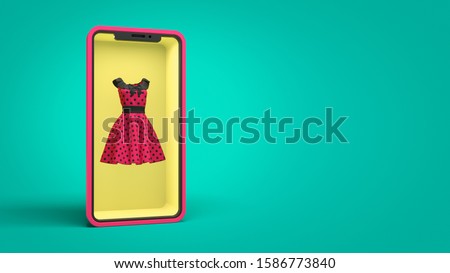 Online store of women's clothing. Smartphone with internet shopping showcase store screen. Virtual purchase retail e-commerce. Red dress in a yellow showcase. 3d illustration on turquoise background