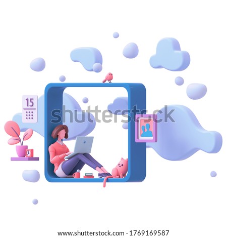 Brunette girl working on laptop sitting on window sill at home with view of sky, blue clouds. Modern teenage room with books cat bird, coral color plants. Floating 3d render isolated on white backdrop