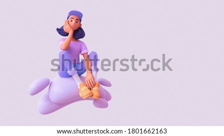 Young black girl student sits on a cloud thinks over a decision and tries to make the right choice. Pensive casual woman in purple t-shirt, blue jeans, orange sneakers, white socks, cap. 3d render.