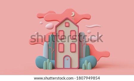 Cute green cozy Eco House with bushes, tall trees, red clouds. Sweet home. Stay Home. Modern cartoon house with windows, blue door. Concept art Spring mood. Hello summer. 3d render in pastel colors.