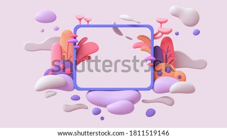 Blue frame floating in purple white clouds with red mushrooms, yellow plants. Cute magic frame in colorful garden and flying bubbles. Theme birthday party invitation. 3d render with multicolor objects