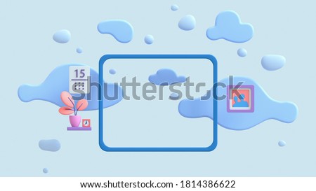 3d illustration of window with view of blue sky, fluffy clouds and flying bubbles. Modern room with shelf, coral color potted plant, calendar, clock, photo frame floating in the air. Minimal art style