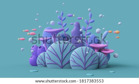 3d illustration of the underwater world with turquoise coral reef, blue seaweeds, algae, purple sponges, orange red fishes. Cartoon marine landscape tropical colorful plants. Ocean bottom nature.