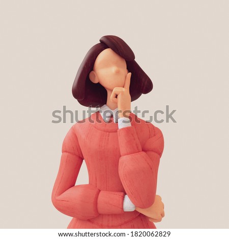 Portrait of pensive brunette girl thinking over a decision, trying to make the right choice. Casual young stylized girl in red sweater with white blue striped shirt. Minimal art style. 3d illustration