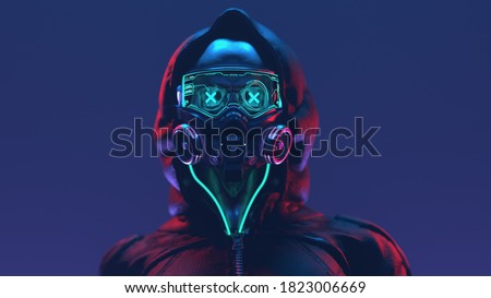 Fashion cyberpunk girl in leather black hoodie jacket wears gas mask with protective glasses and filters, glowing green wires. Colorful 3d illustration of sci-fi human skull with a cross in the eyes.