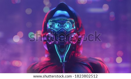 Fashion cyberpunk girl in leather hoodie jacket wears gas mask with protective glasses, filters. Colorful 3d render of human skull with cross in eyes, glowing green wires on night light bokeh in city.