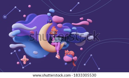 Red-haired writer girl in glasses, pink pants works on a laptop and sits on the moon late at night in space with floating blue purple clouds, stars, a cat, an owl. 3d illustration in minimal art style