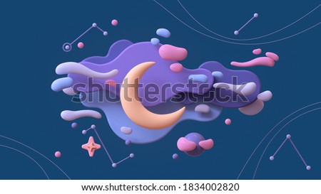 Yellow moon floats in purple pink clouds on blue starry night sky. Minimal art style. Cute magic night background with multicolor objects, flying bubbles. Sweet dream. 3d illustration in pastel colors