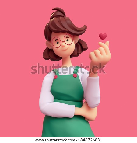 Portrait of smiling positive casual brunette girl in glasses wearing green apron, white t-shirt makes korean love sign, finger heart gesture. I Love You. Minimal art style. 3d render on pink backdrop.