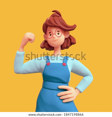 Portrait of cute casual kawaii funny smiling brunette girl in glasses wearing blue apron shows powerful muscle on her arm. Strong and energy. Minimal art style character. 3d render on yellow backdrop