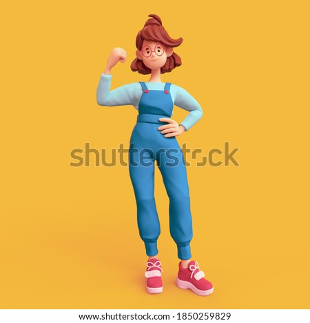 Cute casual kawaii funny smiling brunette girl in glasses wearing blue apron, red sneakers stands shows powerful muscle on her arm. Strong and energy. Minimal art style. 3d render on yellow backdrop