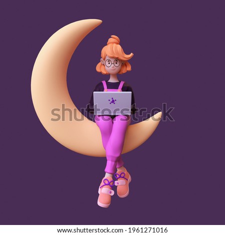 Red-haired happy cute romantic writer girl in glasses, purple t-shirt, pink pants works on a laptop and sits on the golden crescent moon late at night in spacе. 3d render in stylized minimal art style