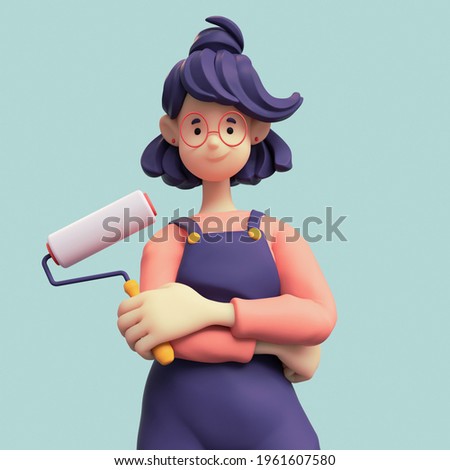 Portrait of smiling positive casual girl in glasses wearing blue apron, red t-shirt holds a white paint roller in one hand. Cute lady painter. Minimal art style. 3d render on light turquoise backdrop