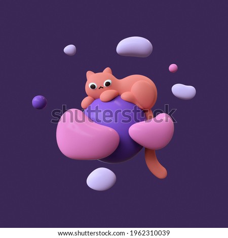 Fluffy red cartoon cat lies on blue planet floating in purple space with white pink clouds and stars. Cute magic night backdrop with flying bubbles. Sweet dream. 3d illustration in minimal art style.