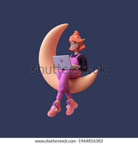Red-haired happy cute romantic writer girl in glasses, purple t-shirt, pink pants works on a laptop and sits on the golden crescent moon late at night in spacе. 3d render in stylized minimal art style