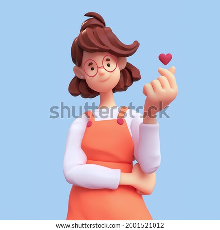 Portrait of smiling positive casual brunette girl in glasses wearing orange apron, white t-shirt makes korean love sign, finger heart gesture. I Love You. Minimal art style. 3d render on blue backdrop