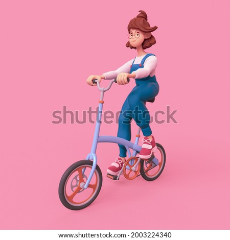 Casual kawaii funny smiling brunette girl in glasses wearing blue apron, red sneakers, white t-shirt rides a folding bicycle with orange alloy wheels. Minimal art style. 3d render on pink backdrop.