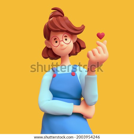 Portrait of smiling positive casual brunette girl in glasses wearing blue apron, white t-shirt makes korean love sign, finger heart gesture. I Love You. Minimal art style. 3d render on yellow backdrop