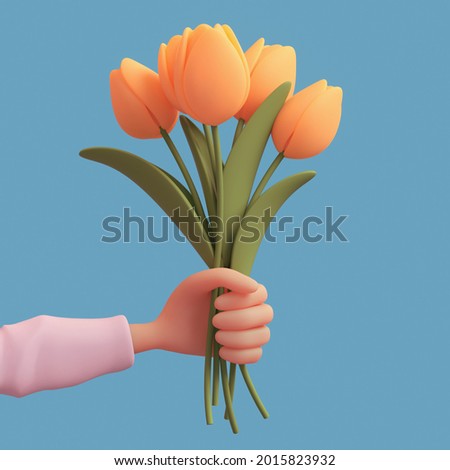 Hand holds a beautiful bouquet of spring yellow tulips on a blue background. International Women's Day, Valentine's Day. Gift of flowers. Minimal art style. 3d illustration of online flower delivery.