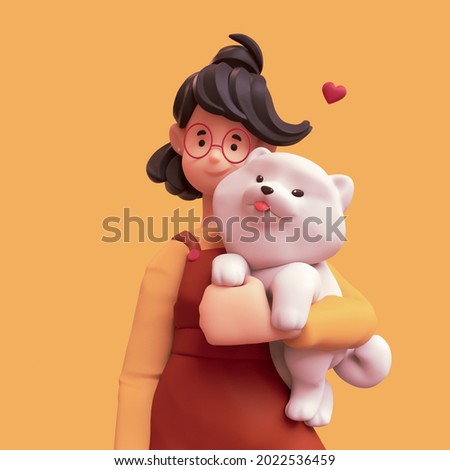 Portrait of a cute smiling brunette girl in red glasses wearing brown apron, yellow t-shirt holding a large fluffy white playful puppy under her arm. Animal lover. 3d illustration on orange background