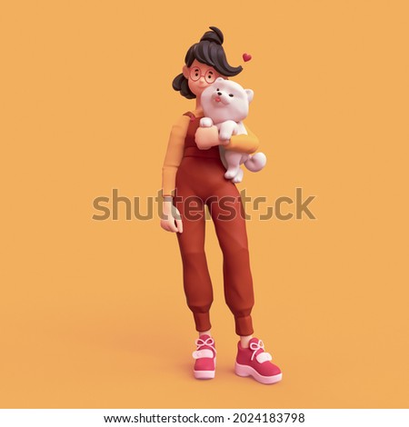 Сute smiling brunette girl in glasses wearing brown apron, yellow t-shirt, red sneakers stands holding large fluffy white playful puppy under her arm. Animal lover. 3d illustration on orange backdrop.