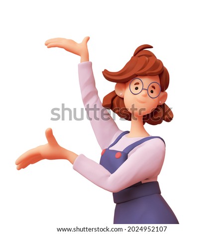 Portrait of smiling cute сasual brunette girl in glasses wearing blue apron, white t-shirt doing welcome gesture inviting new customer. Minimal stylized art style. 3d render isolated on white backdrop
