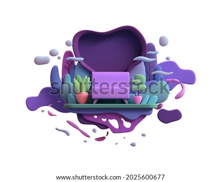 Floating island in blue clouds and flying bubbles with a purple sofa on green lawn, potted plants, multicolor trees, bushes. Minimal art style. Cozy home at night. 3d render isolated on white backdrop