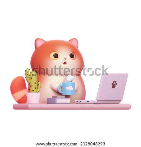 Surprised little kawaii red cat with open mouth, big orange eyes working from home with laptop. Cartoon funny fat cat with white belly holding warm cup of tea. 3d render isolated on white backdrop