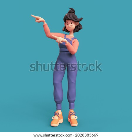 Smiling positive funny casual brunette girl in glasses wearing blue apron, red t-shirt, orange sneakers showing you way pointing her finger to empty copy space for advertising. 3d render minimal style Zdjęcia stock © 