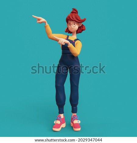 Smiling positive funny casual redhead girl in glasses wearing blue apron, yellow t-shirt, red sneakers showing you way, pointing her finger to empty copy space for advertising. 3d render minimal style