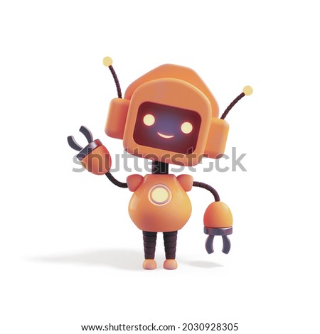 Friendly positive cute cartoon orange robot with smiling face waving its hand. Chatbot greets. Customer support service chat bot, assistant, online consultant. 3d render isolated on white backdrop