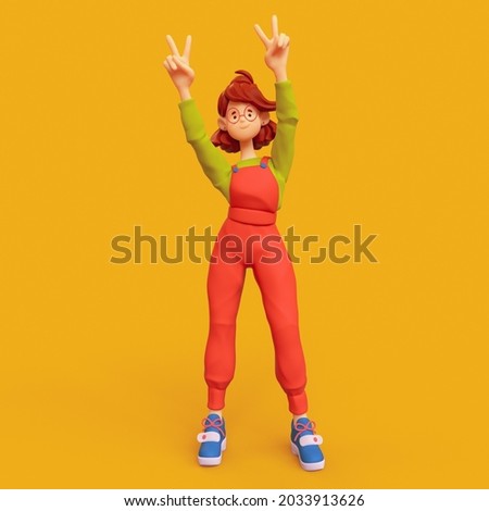 Cute kawaii smiling positive casual brunette girl in glasses wearing red apron, green t-shirt raises her hands up shows fingers peace sign, victory symbol. Minimal style. 3d render on yellow backdrop.