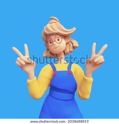 Portrait of smiling positive casual blonde girl in red glasses wearing blue apron, yellow t-shirt shows fingers doing peace sign, victory symbol, number two, successful person. 3d render minimal style Zdjęcia stock © 