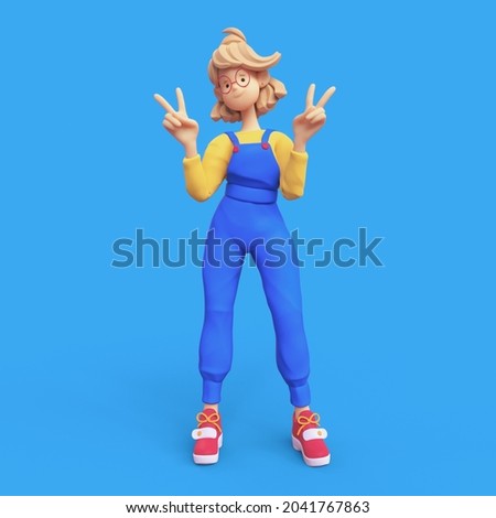 Cute kawaii smiling positive casual blonde girl in red glasses wearing blue apron, yellow t-shirt shows fingers doing peace sign, victory symbol, number two, successful person. 3d render minimal style