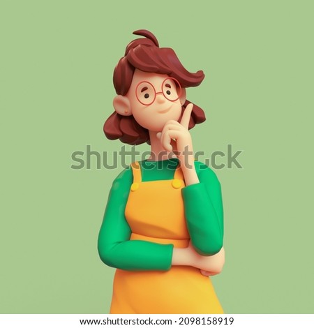 Portrait of casual brunette girl in glasses wears orange apron, green t-shirt touches her chin with hand and raises her index finger up, feels inspiration, success, motivation. Minimal art. 3d render.