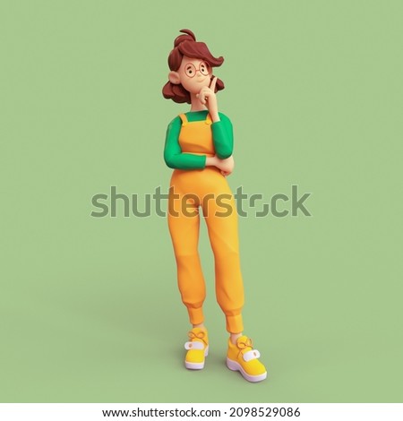 Casual brunette girl in glasses wears orange apron, green t-shirt touches her chin with hand and raises her index finger up, feels inspiration, success, motivation, good idea. Minimal art. 3d render.