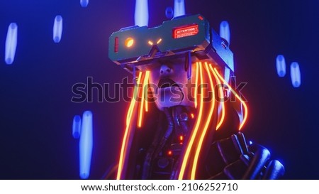 Portrait of young cyber girl with glowing red yellow wires hair wears science fiction metal virtual reality glasses. Cyberspace Augmented Reality, futuristic vision. 3d render on dark blue backdrop. Foto d'archivio © 