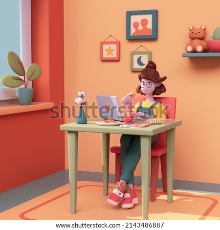 Kawaii casual funny smiling girl use computer for study near window, holds cookies in her hand. Teen room with red-yellow walls green table, chair, plant, coffee cup, bear toy. 3d render minimal style Zdjęcia stock © 