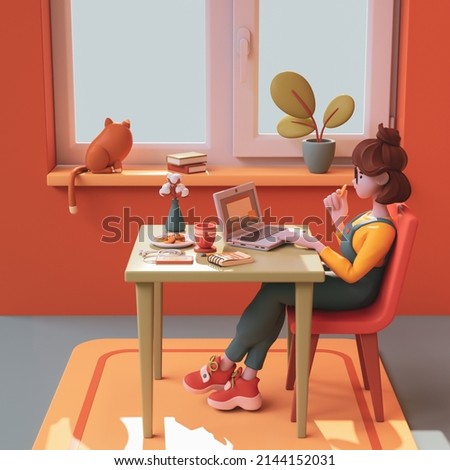Kawaii casual funny smiling girl use computer for study near window holds cookies in her hand. Teen room with red wall, green table chair plant, coffee cup, cat, yellow carpet. 3d render minimal style Zdjęcia stock © 