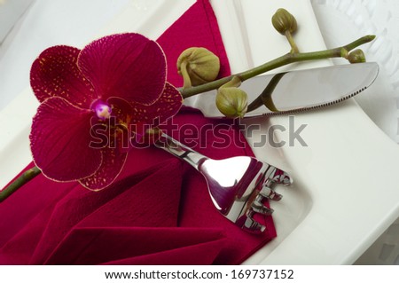 Serving dishes beautiful burgundy cloth in the form of stars and orchid flower