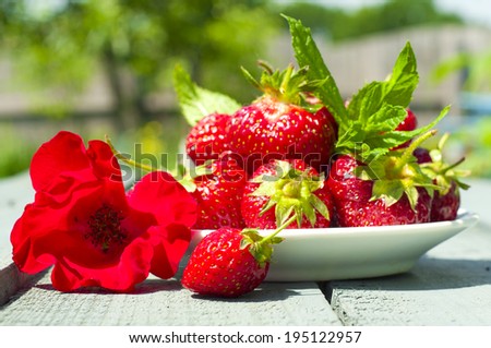 fresh strawberries and mint and rose flower on a plate on the background of the old wooden texture