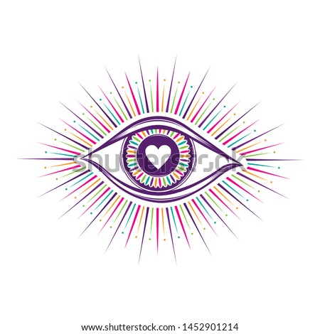 All seeing eye symbol. Vision of Providence. Alchemy, religion, spirituality, occultism, tattoo art. Isolated vector illustration. Conspiracy theory. Decorative drawing style. Love heart print logo 