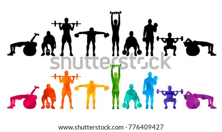 Detailed vector illustration silhouettes  strong rolling people set girl and man sport fitness gym body-building workout powerlifting health training dumbbells barbell. Healthy lifestyle. 

