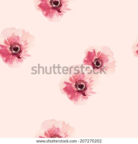 Watercolor Vector Flowers - pink seamless pattern. Watercolor Anemone Flowers.